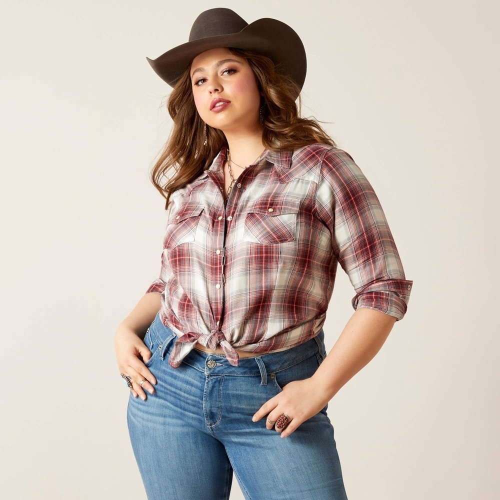 Ariat Womens XXL Red‎ Plaid Western Snap Shirt Lurex Metallic Long Sleeve Top